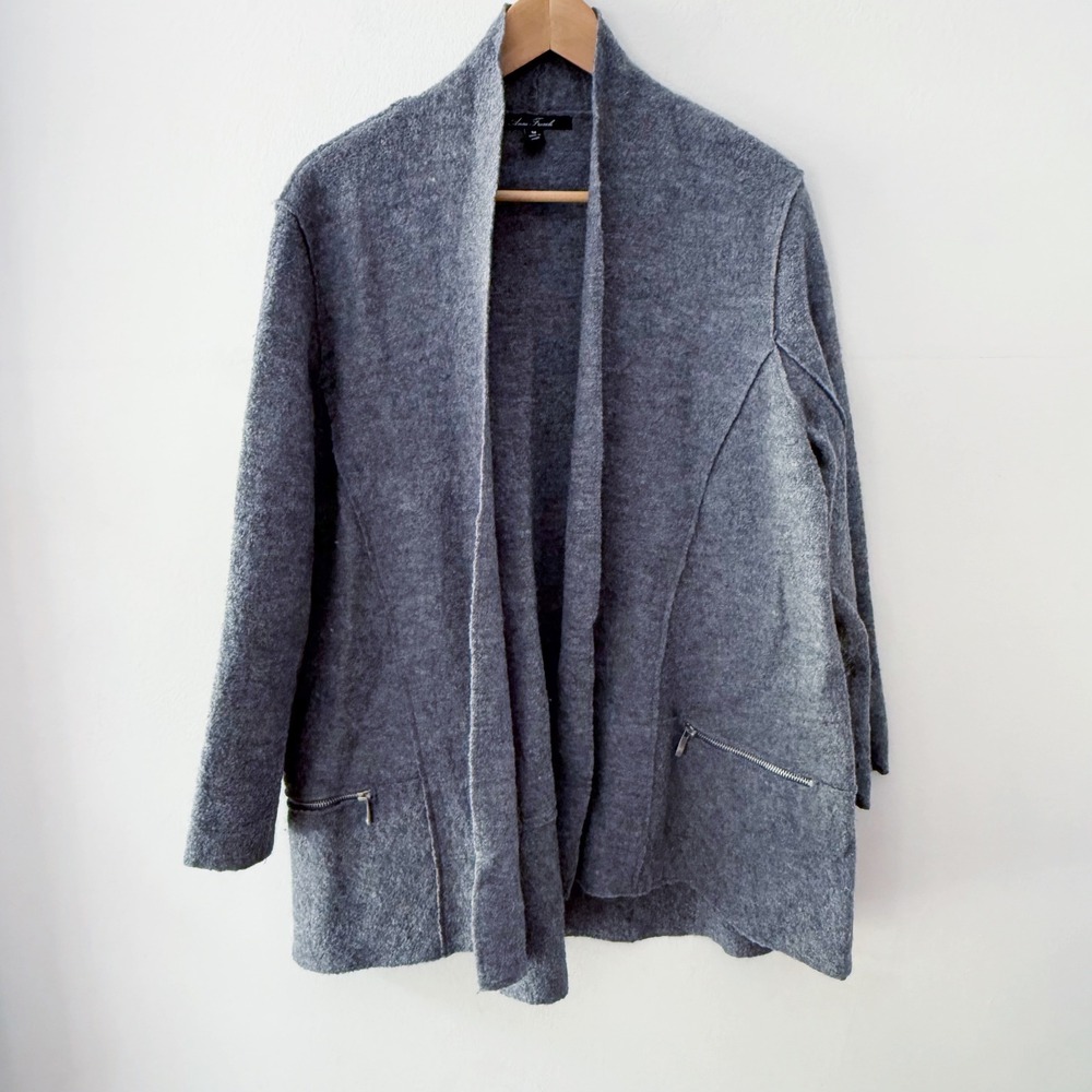 Anne French Cardigan Womens Medium Gray 100% Boiled Wool Layer Minimalist Office